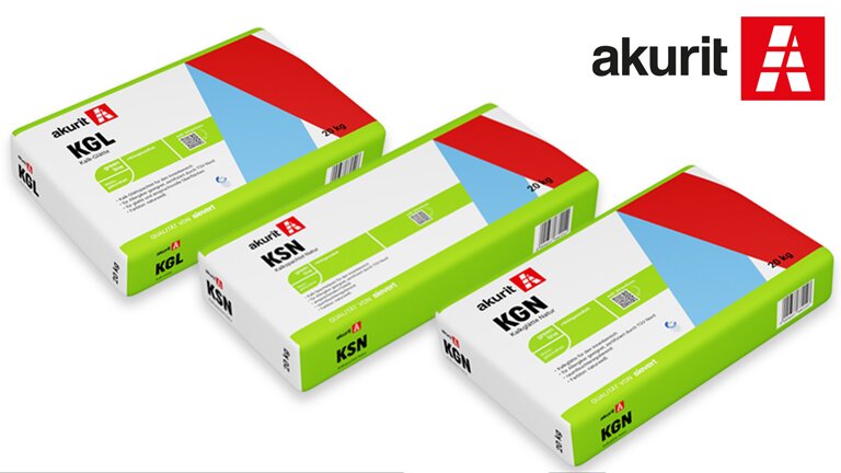 Drei Akurit-Mörtelsäcke (KGL, KSN, KGN) nebeneinander.